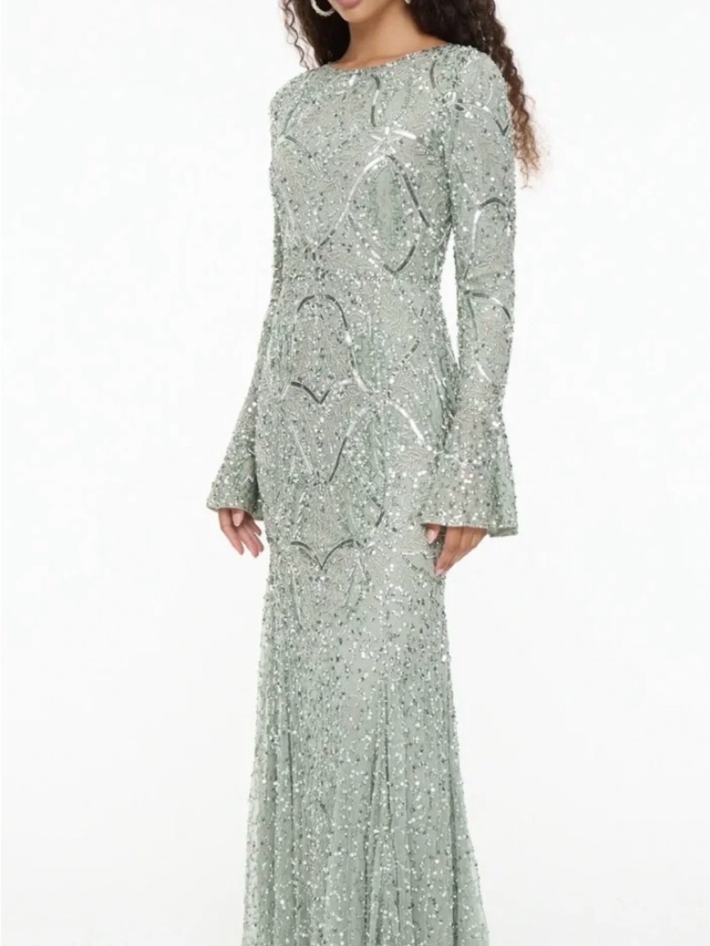 Embellished Sage Green Long Sleeve Evening Gown